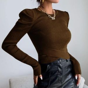 Classic Brown Ribbed Puff Sleeve Sweater Top